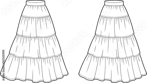 Cad drawing flat vector illustration, tiered skirt design, three-layer silhouette, horizontal seam detail, fashion sketch, garment template, apparel flat**
