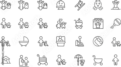 Baby and Parenting Line Icon Set – Minimalist Vector Icons for Newborns, Kids, Family, Strollers, Playtime, Motherhood, Childcare, Nursery, Babysitting, and Parenting-Related Design Projects