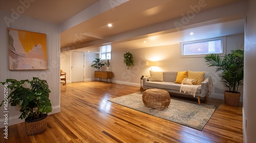 Bright Basement Interior With Wood Floors, Neutral Sofa, Plants and Modern Art