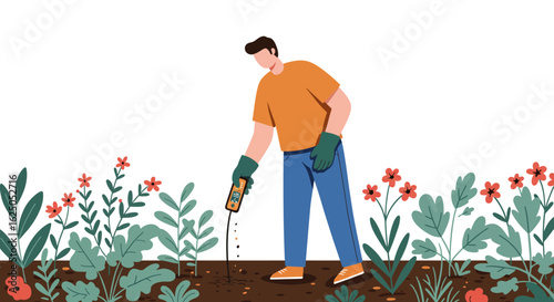 Gardener Using Soil Tester in Garden with Flowers and Plants