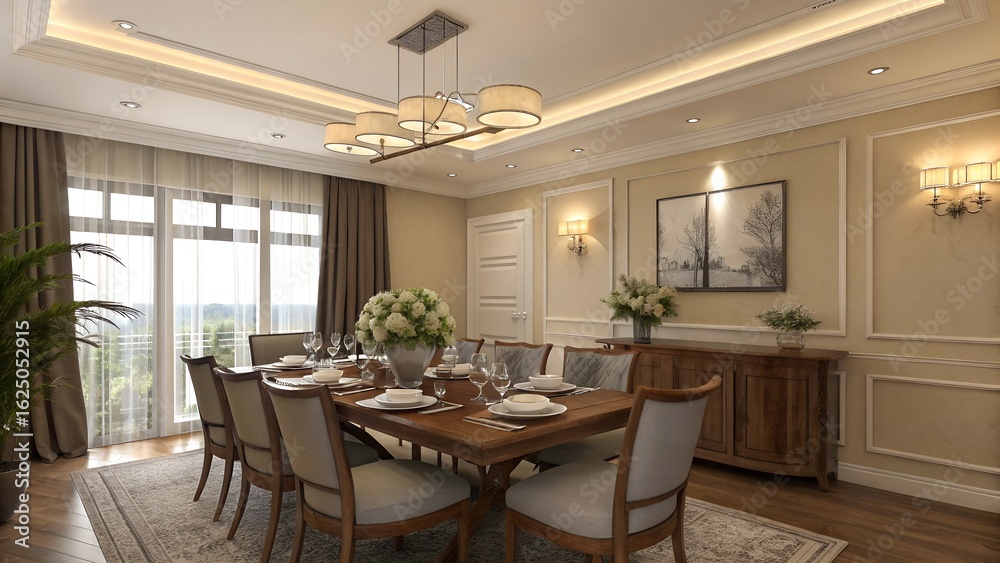 Fototapeta premium modern dining room with kitchen