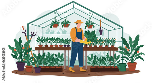 Gardener in Overalls Planting Seedlings in Greenhouse, Wearing Yellow Gloves and Hat