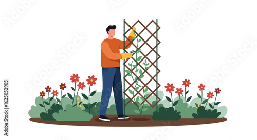 Man Gardening, Pruning Plants on Trellis, Wearing Gloves, Flat Illustration