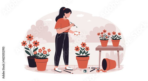 Woman Painting Flowers in Pots with Palette and Brush, Artistic Hobby