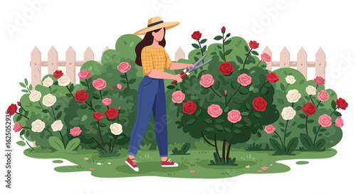 Woman Pruning Rose Bushes in a Garden with Shears