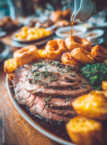 Delicious Traditional English Sunday Roast Dinner with Gravy