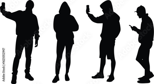 Silhouette Vector Set of Modern Teens with Phones – Urban Youth in Hoodies Taking Selfies and Texting – Cool Poses for Street Style Art, Social Media Graphics, Posters, and Digital Design