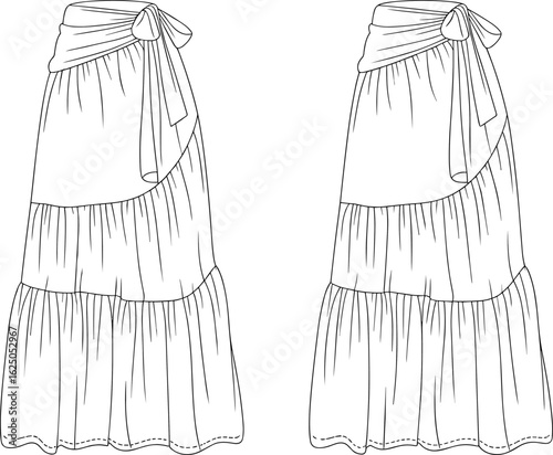 Cad drawing flat vector illustration, tiered wrap skirt design, three layer silhouette, side tie waistband, fashion sketch, garment template, sewing reference