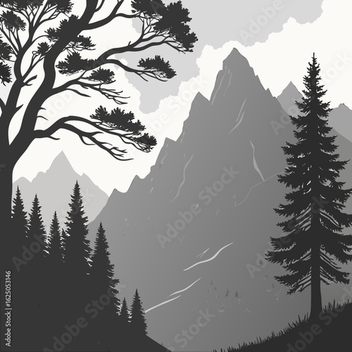 Mountain Silhouette: Majestic mountain range silhouette against a serene sky, featuring evergreen trees and a solitary broadleaf tree.