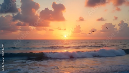 Serene ocean sunset landscape;  gentle waves, pink clouds, silhouetted birds in flight.