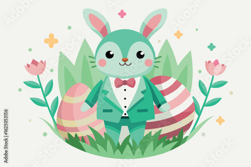 Cute bunny in a suit with easter eggs and flowers isolated on white background