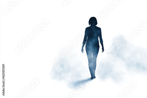 Silhouette of a Woman Walking Through a Misty Environment with a Dreamlike Atmosphere and Soft Lighting Effects for Artistic Visuals