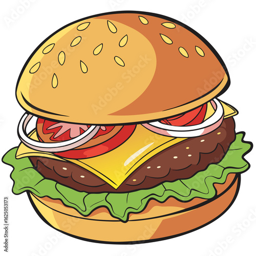 Burger: A classic burger is featured, meticulously arranged with its fresh ingredients, including a juicy patty, crisp lettuce, ripe tomato, sharp cheddar, and vibrant onion rings.