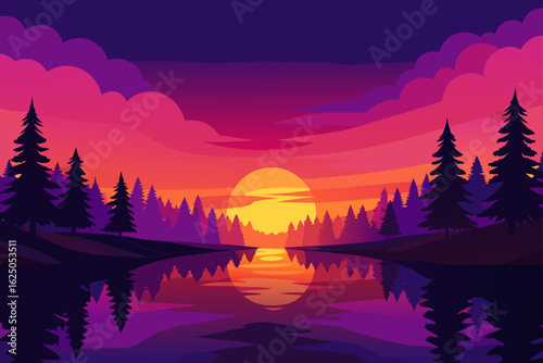 Vibrant sunset over a serene forest lake with reflections