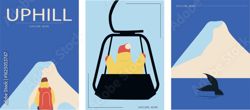 Modern flat illustrations related to travel, adventure, and flights. Includes mountains, lift gondolas, whale, winter landscape scene view. Suitable for banners, tourism ads, and lifestyle blogs.