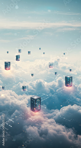 Floating futuristic cubes illuminated with glowing light above a sea of clouds