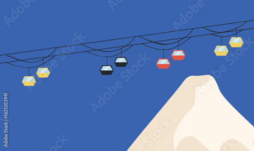 Flat winter illustration of snowy mountain landscape with ski lift gondolas. Bright design perfect for tourism, winter vacation ads, resort banners, or seasonal backgrounds.