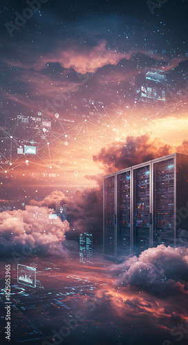 Futuristic server racks floating amongst clouds at sunset with city lights