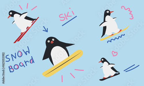 Cute penguins skiing and snowboarding. Whimsical winter sports illustration for kids’ content, education, or print.