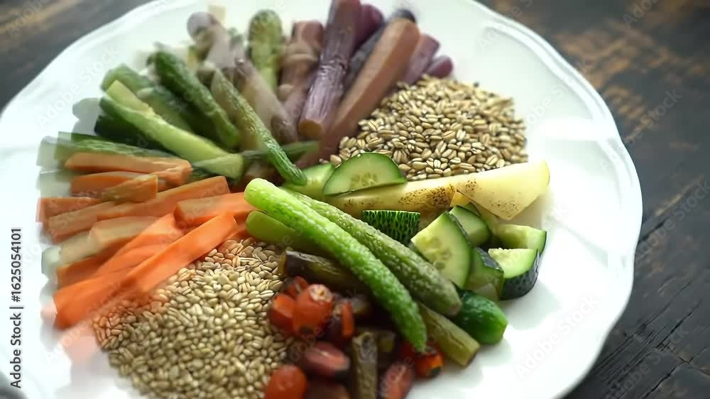 Colorful veggie & grain plate on dark wood; healthy meal prep Colorful veggie & grain plate on dark wood; healthy meal prep