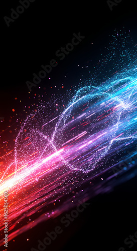 Abstract energetic light trails of red and blue against a dark background