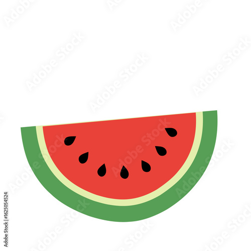 Flat vector slice of watermelon with red flesh and green rind. Perfect for summer, fruit, or refreshing themes