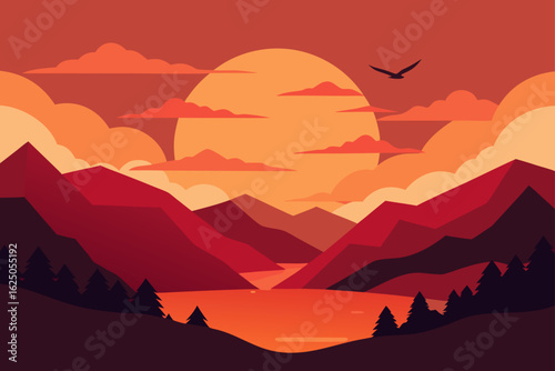 Vibrant sunset over a serene mountain lake with a lone bird flying