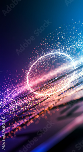 Abstract glowing circle of light trails in vibrant neon colors on dark background