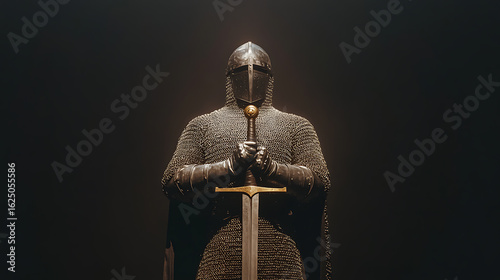 Armored knight in chainmail, holding a sword in a dark setting. Symbol of medieval power, courage, and tradition. A warrior of the past.