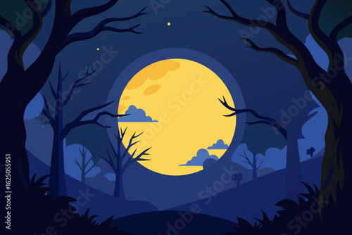 Enchanting night landscape with a large full moon and silhouetted trees