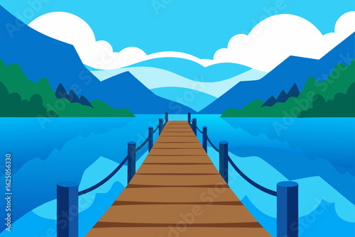 Wooden pier extending into a calm blue lake with distant mountains and clouds