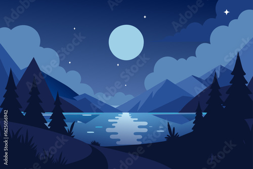 Serene mountain lake landscape under a starry night sky with a full moon