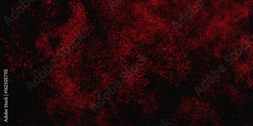 Red color powder explosion isolated on black background. Colorful dust explode. Paint Holi, dust particles splash. Network concept with spray. Futuristic technology element. 3D rendering.