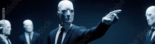 A futuristic scene featuring humanoid robots in suits, one prominently pointing while others observe, suggesting a dramatic or authoritative moment, AI Super Agents