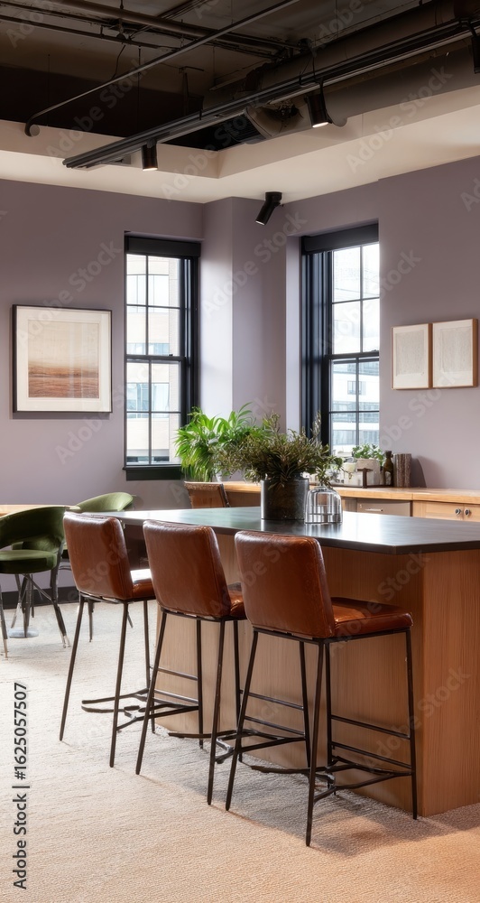 Fototapeta premium Modern, neutral-toned office kitchen area with a light wood countertop and dark brown leather bar stools