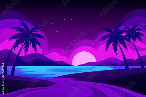 Vibrant purple and pink sunset over a tropical ocean with palm trees