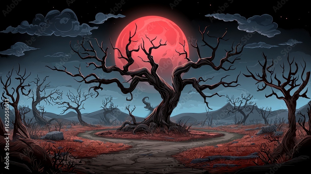 Fototapeta premium Barren Landscape with Red Moon and Dead Tree Pixel Art Night Scene