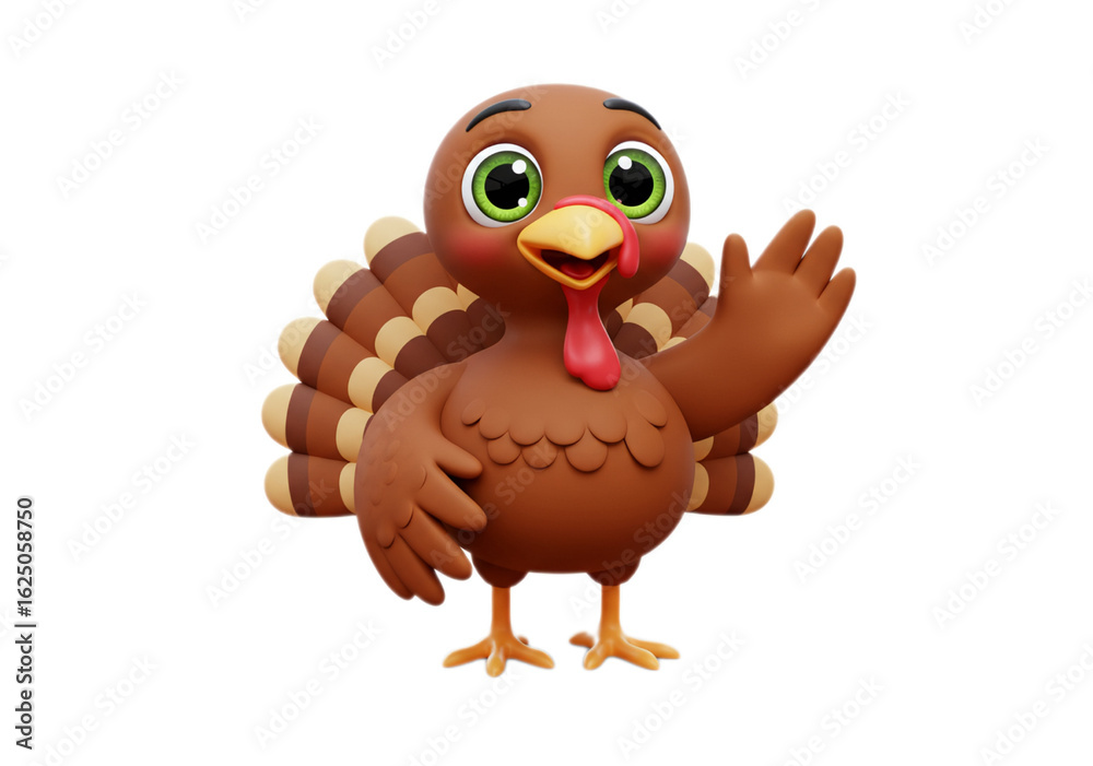 Fototapeta premium Cartoon Turkey Waving Hand with Brown Feathers on Black