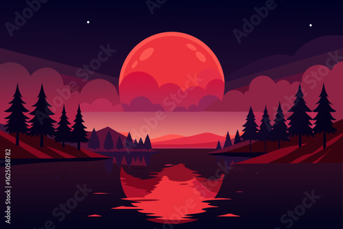 Vibrant red moon reflects on calm lake surrounded by pine trees