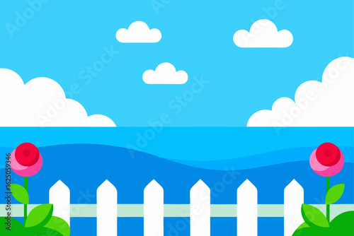 Bright summer day with picket fence and flowers