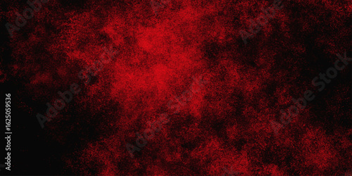 Red color powder explosion isolated on black background. Colorful dust explode. Paint Holi, dust particles splash. Network concept with spray. Futuristic technology element. 3D rendering.