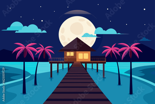 Tropical bungalow over water at night under a large full moon