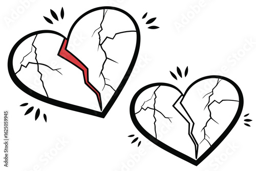 Two cracked hearts with red accent broken heart split