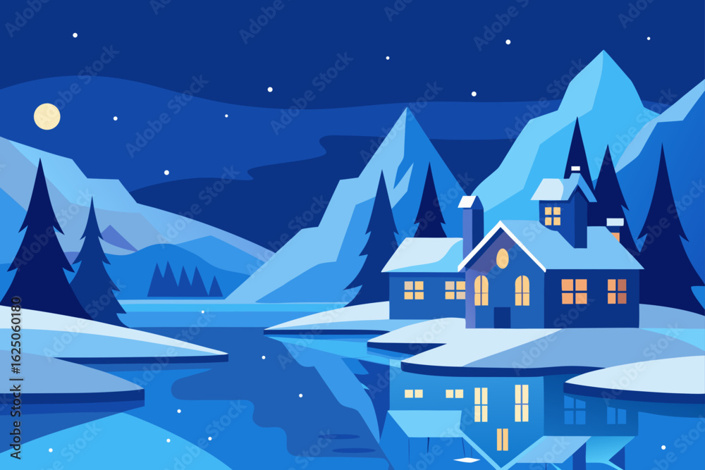 Fototapeta premium Cozy winter cabin by a frozen lake under a starry night sky