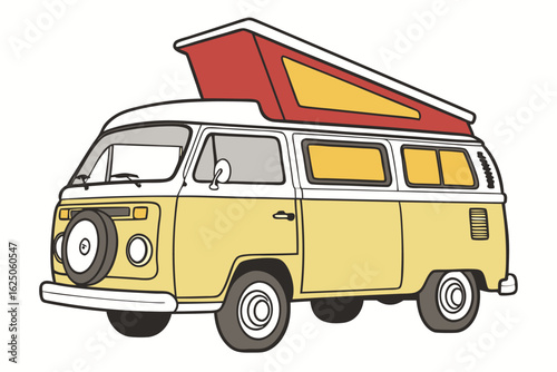 Yellow and red camper van with pop-top roof vehicle