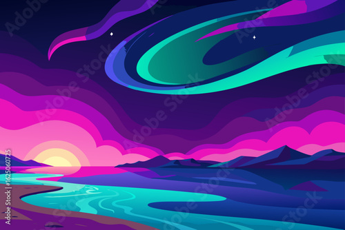 Vibrant abstract landscape with aurora borealis over mountains and water