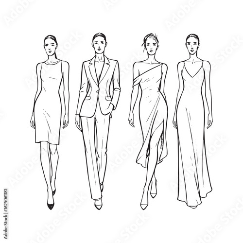 Black and white vector fashion sketches, elegant runway poses, fine line illustration, minimal clothing details