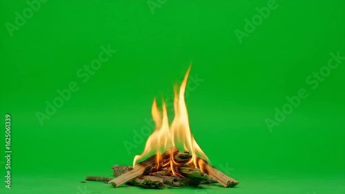Small campfire burning brightly on a green screen background for video editing and compositing