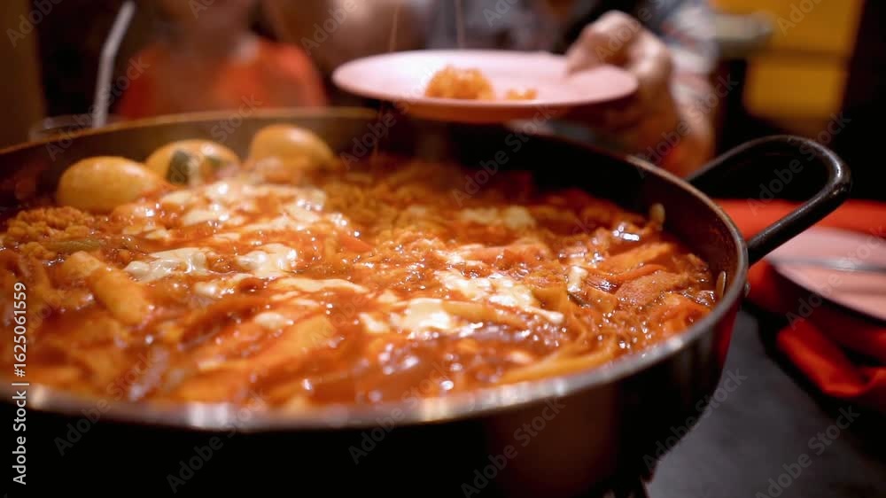 Close up of spicy korean tteokbokki dish with cheese and eggs