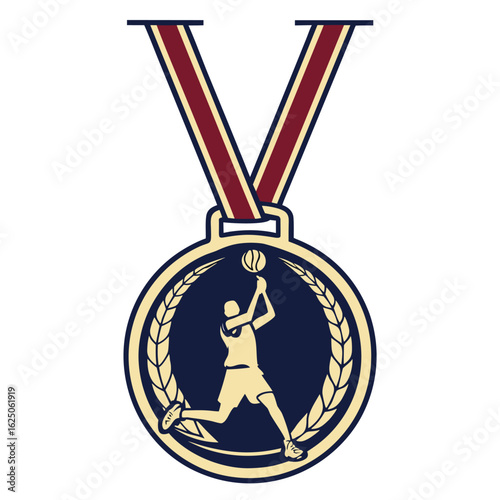 Basketball championship medal with player silhouette and laurel wreath. Vector